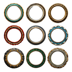 Game metal circle rank frame set. Round medieval elements UI game borders frames for RPG game avatar, and circle icons of mobile game assets. Generative AI.