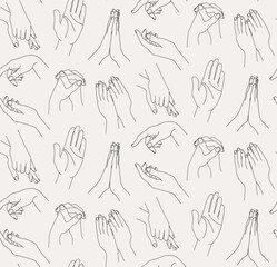 Outline illustrations of hands. Women's palms. Hand cream. On a white background. Seamless pattern with hands