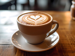 Hot cappuccino coffee isolated on wood table. latte with heart shaped milk foam	