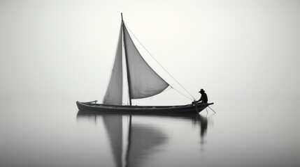 A black and white photo of a man in a boat - obrazy, fototapety, plakaty