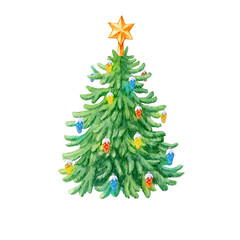 Watercolor hand drawn green fir. Christmas tree with multicolored cones and gold star on the top