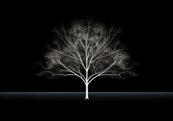 Tree silhouette, in white, isolated on black background. Minimalism concept. AI generated
