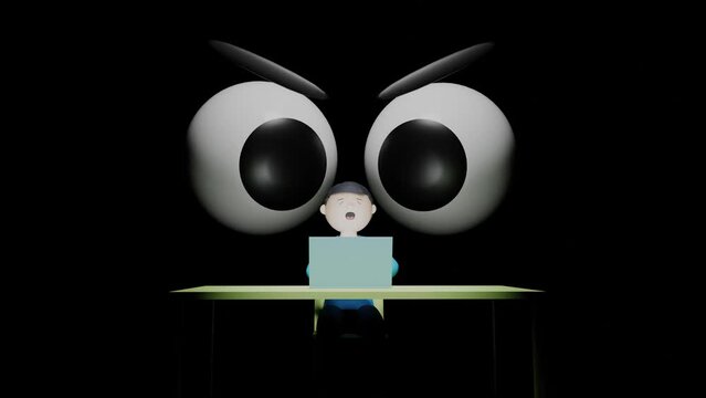 A 3D animation of a man working on a laptop with two large angry eyes that come slowly behind  him with black background.