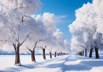 Winter landscape with white snowy trees. AI generated
