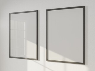 Mockup poster two black wood frame in empty picture interior vertical on wall illustration 3d rendering.