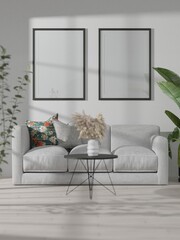 Mockup poster two black wood frame in empty picture living room interior vertical wooden floor There is a sofa in illustration 3d rendering.