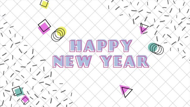 Abstract Happy New Year text with memphis geometric pattern, motion holidays and winter style background for New Year and Merry Christmas