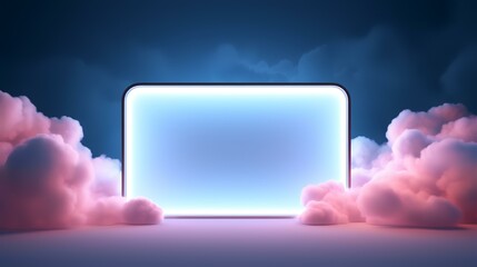 Futuristic background with clouds and tablet pc. 3D rendering