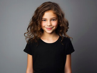 Girl wearing a plain tshirt standing in front of isolated dark background - ai generative