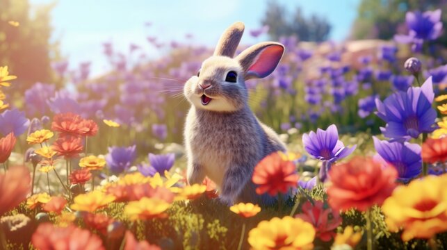 cute bunny realistic hd 4k glade flowers sunny colorful.Generative AI