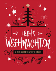 Frohe Weihnachten Kalligraphie. Gru&szlig;karte mit Weihnachtsbaum auf rotem Hintergrund - deutscher Text