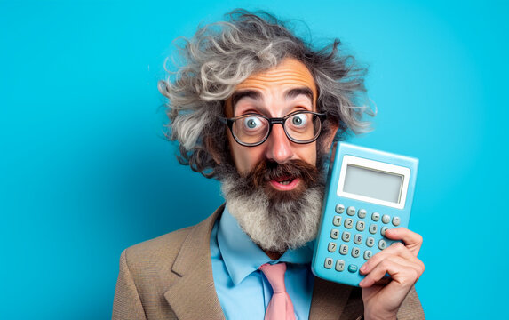 A funny mathematics professor with the look of a mad genius holds a calculator in his hand