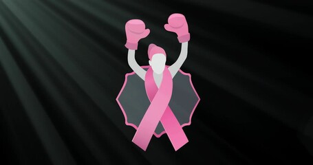Animation of woman with boxing gloves representation on pink ribbon against black background - Powered by Adobe