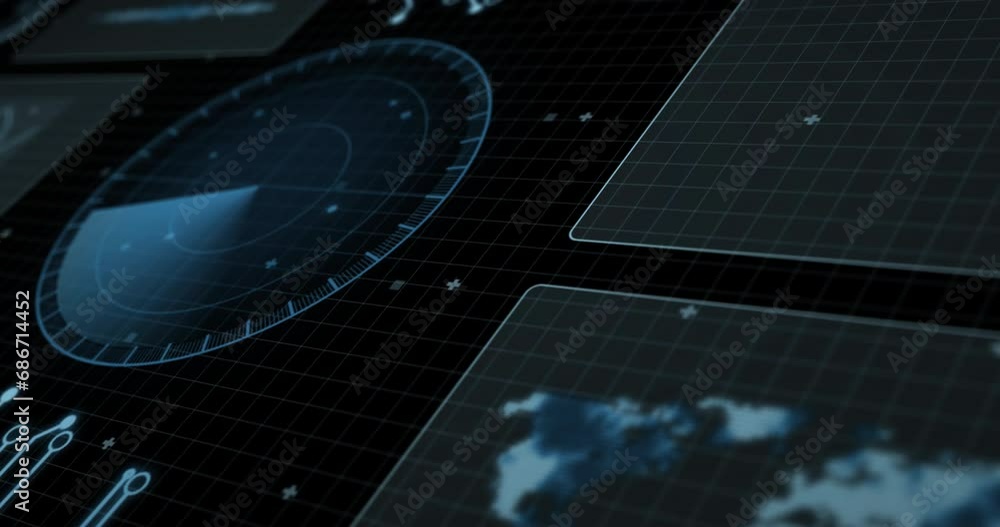 Poster animation of radar, map and computer language with circuit board pattern over black background