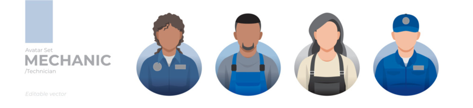 Mechanic picture avatar icons. Illustration of men and women wearing worker apron and overall outfit