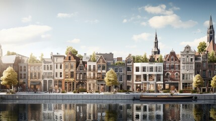 Modernity takes a bow to tradition in this Dutch-inspired urban composition, featuring a seamless blend of historic facades and contemporary structures