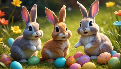 Fototapeta na wymiar Cute cartoon happy Easter bunnies