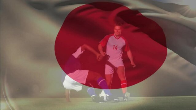 Animation of japan flag waving, diverse soccer player falling after being tripped in soccer match