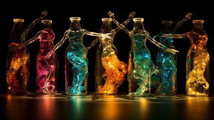 Recycled glass bottles catching the light in a mesmerizing dance, symbolizing the elegance and beauty inherent in environmentally conscious living