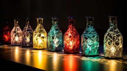 Recycled glass bottles catching the light in a mesmerizing dance, symbolizing the elegance and beauty inherent in environmentally conscious living - obrazy, fototapety, plakaty