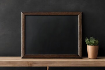 slate blackboard template , blank wooden framed chalkboard on a desk