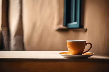 beige ceramic coffee cup in a minimalist stucco background
