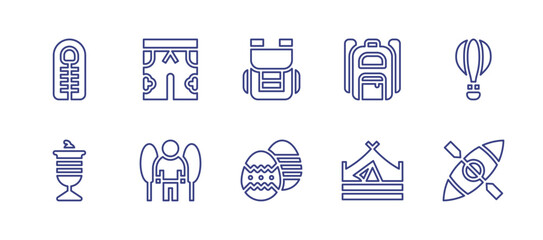 Holiday line icon set. Editable stroke. Vector illustration. Containing sleeping bag, backpack, hot air balloon, swimsuit, ice cream cup, easter eggs, kayak, forest, camping tent.