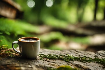 handcrafted ceramic coffe cup on a stone surface in nature - obrazy, fototapety, plakaty