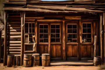 ancient wooden western saloon general store , old weathered facade , wild west general store