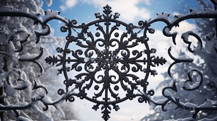 snowflakes adorning a wrought-iron gate, creating an artistic and delicate pattern against the winter sky