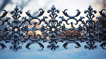 Fototapeta na wymiar snowflakes adorning a wrought-iron fence, creating a delicate and artistic pattern against the winter sky