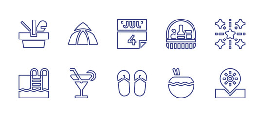 Holiday line icon set. Editable stroke. Vector illustration. Containing th of july, fireworks, flip flops, location, tent, food basket, cocktail, coconut water, picnic basket, swimming pool. - obrazy, fototapety, plakaty
