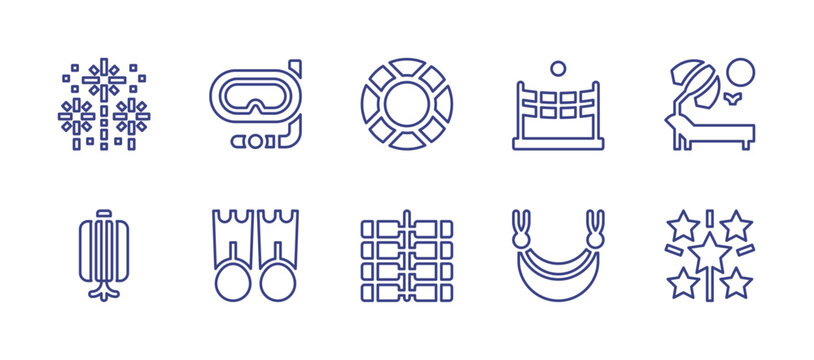 Holiday line icon set. Editable stroke. Vector illustration. Containing fireworks, life ring, sunbed, chinese lantern, firecracker, diving goggles, beach volleyball, flippers, hammock.