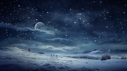 snowflakes caught in the glow of a full moon, casting a magical and serene atmosphere over a snow-covered meadow