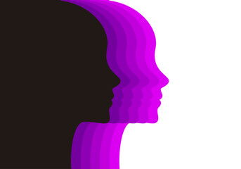 Perfiles de la cara de una mujer en tonos fucsia, morado, violeta y negro