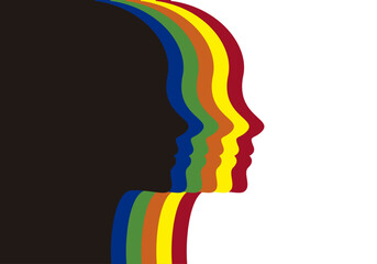 Perfiles de la cara de una mujer en colores, rojo, amarillo, naranja, verde, azul y negro - obrazy, fototapety, plakaty