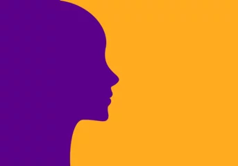 Poster Perfil de la cara de una mujer en tono morado sobre fondo naranja © Montse