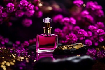 Obraz na płótnie Canvas deep pink and fuschia colored perfume flacon on stone with blurred background , feminine and girly luxurious perfume bottle template
