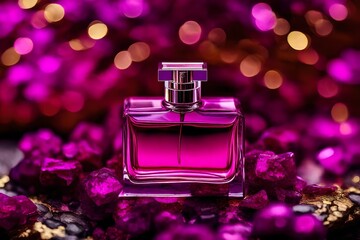 Obraz na płótnie Canvas deep pink and fuschia colored perfume flacon in blurred background, golden sparkles , feminine and girly luxurious perfume bottle template