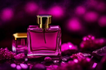 Obraz na płótnie Canvas deep pink and fuschia colored perfume flacon in blurred background , feminine and girly luxurious perfume bottle template