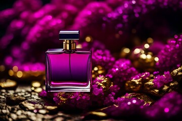 Obraz na płótnie Canvas deep pink and fuschia colored perfume flacon in blurred background, golden sparkles , feminine and girly luxurious perfume bottle template
