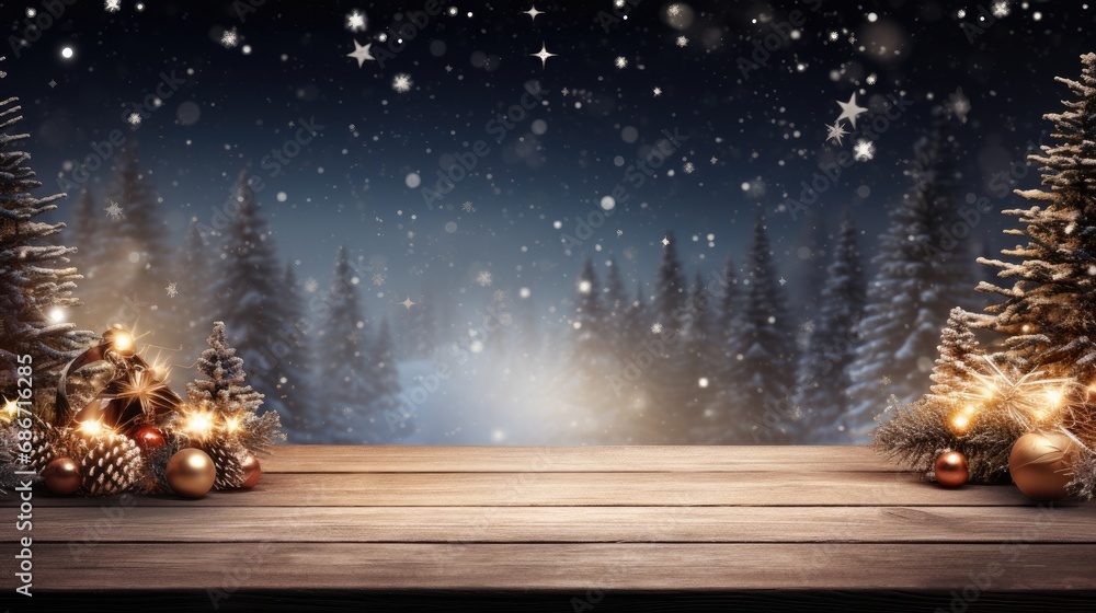Poster empty wooden table with christmas theme in background