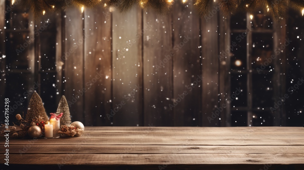 Poster empty wooden table with christmas theme in background