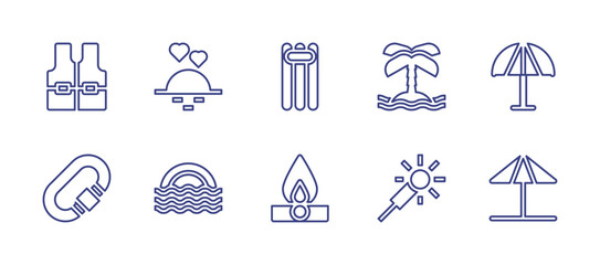 Holiday line icon set. Editable stroke. Vector illustration. Containing sunset, island, sea, sparkler, life jacket, floating, umbrella, carabiner, fire, sun umbrella.