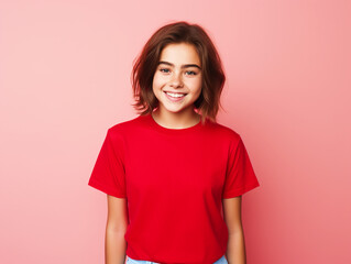Obraz premium Girl wearing a plain tshirt standing in front of isolated red background - ai generative