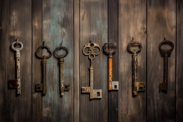 Antique and rusty keys on weathered wooden planks