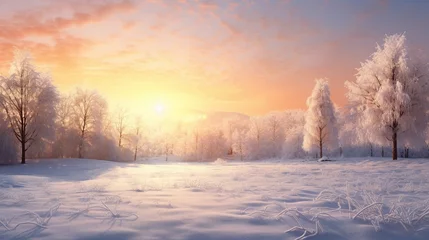 Gardinen snowflakes caught in the soft glow of a winter sunrise, casting a warm and golden hue over a snow-covered landscape © ishtiaaq