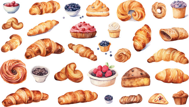 Watercolor pastries clipart croissant bagel bread cupcake pie cafe tea berries vector, generated in AI