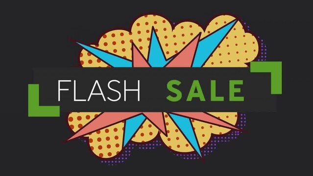 Animation of flash sale text in rectangle with stars and clouds shape against black background