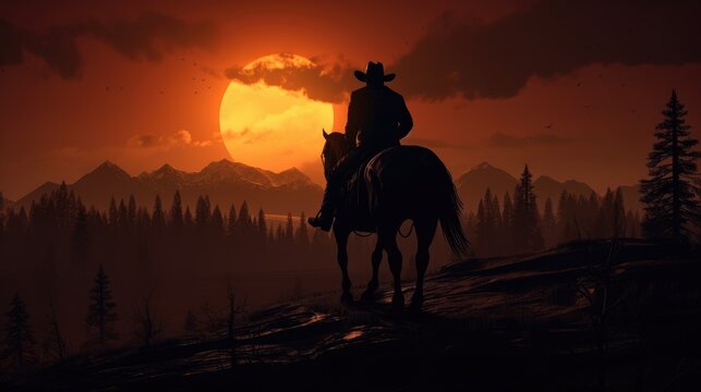 Silhouette of a cowboy with a hat on a horse at sunset